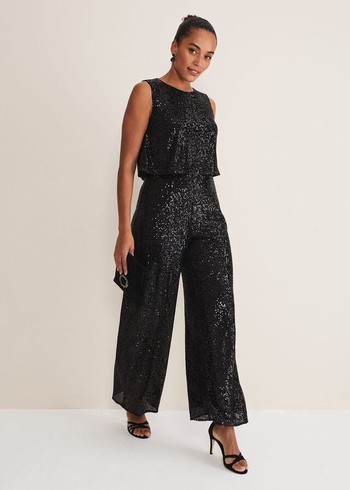 Phase Eight Aubrey Sequin Wide Leg Jumpsuit Black Australia | EL9137520